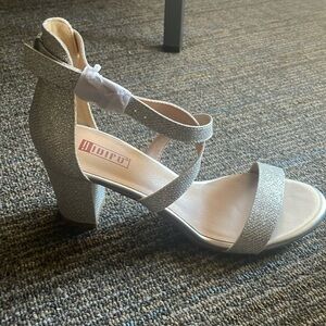 Silver chunky open toe heel